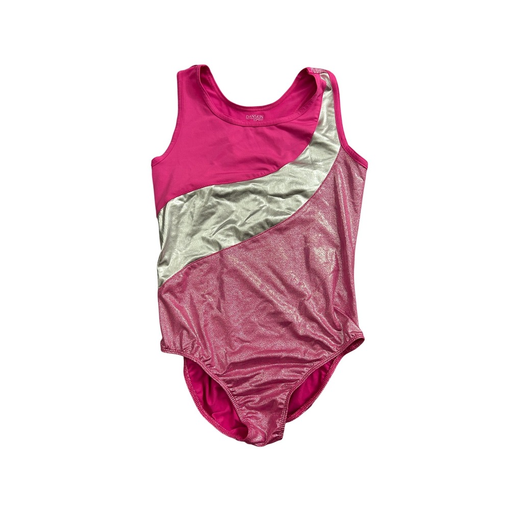 Danskin Now Leotard Youth L 10-12 Pink Silver Excellent Metallic Strappy Back